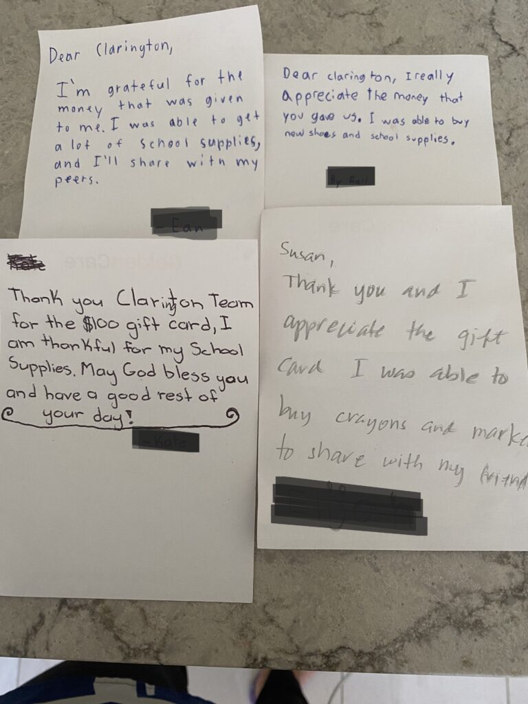 Handwritten thank-you notes from children who received Back to School gift cards